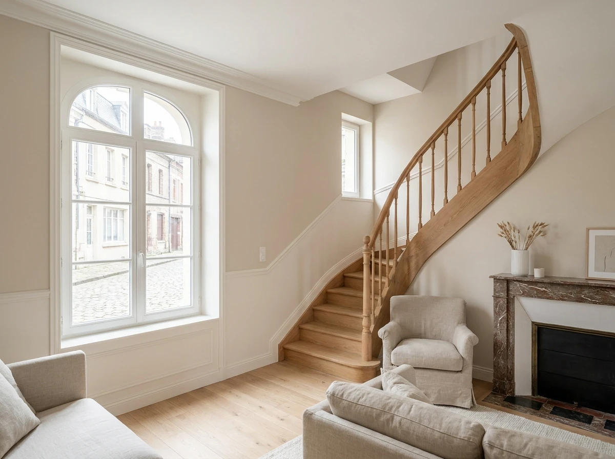 Peintre en bâtiment à Beauvais rénovant l'intérieur d'une maison de ville : murs, plafonds et boiseries repeints en tons clairs, escalier et pièce lumineuse aux finitions soignées.