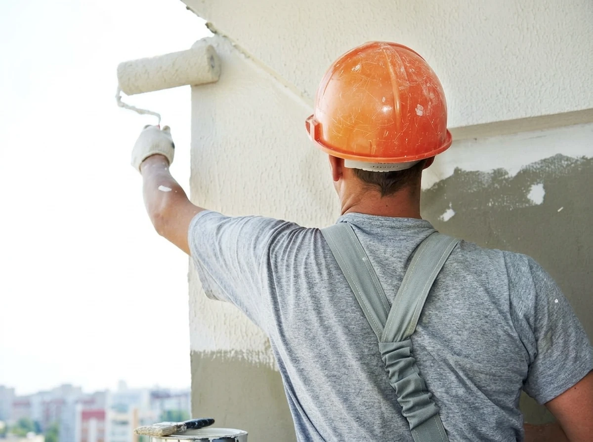 Peintre en bâtiment ravalement de façade au rouleau sur immeuble