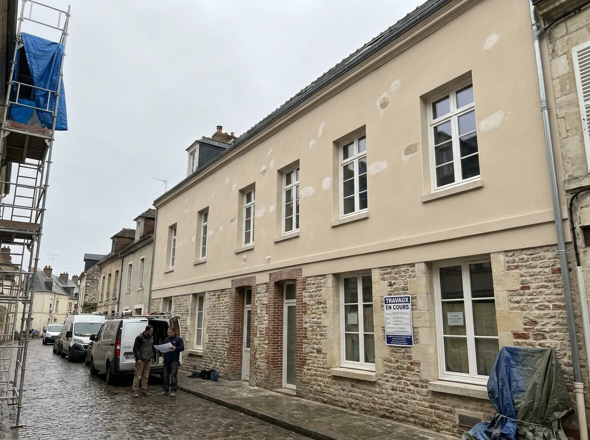 Ravalement de façade par un artisan peintre à Beauvais dans l'Oise : enduit clair uniforme, fissures traitées et encadrements de fenêtres repeints en blanc sur une maison de ville.