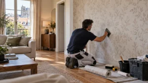 Pose de papier peint dans un séjour — Beauvais